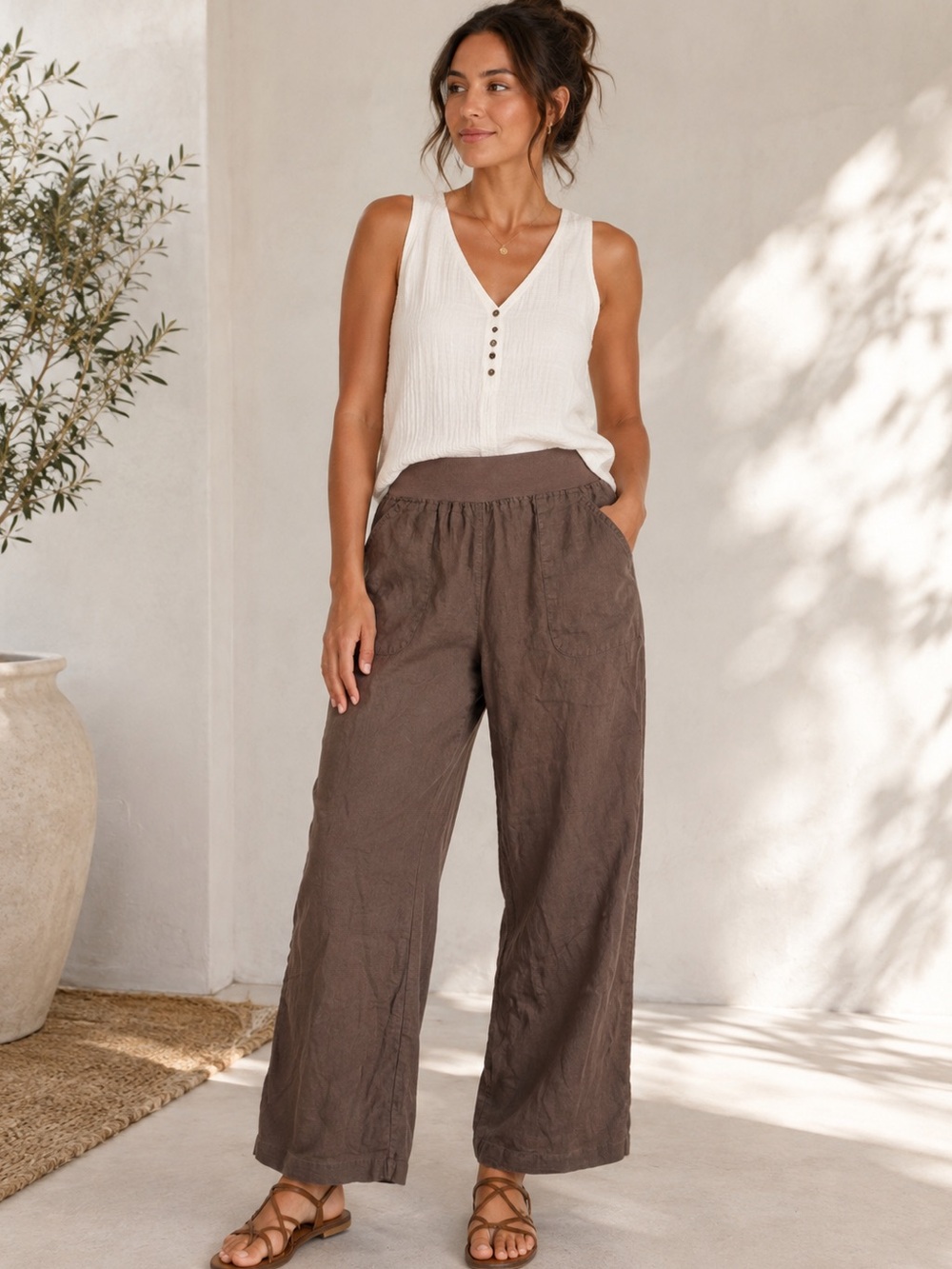 Allen Allen 100% linen wide-leg pants in brown/taupe